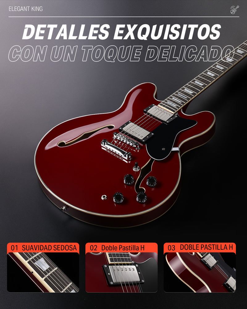 Donner DJP-1000 Guitarra Eléctrica Semi Hueca, Dos Pastillas H, Guitarra Eléctrica Estilo Jazz con Bolsa, Cable y Tahalí.