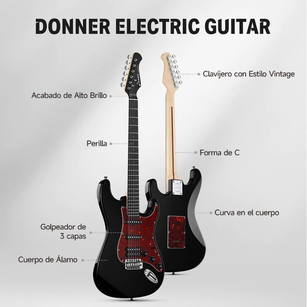Donner DST-200 Designer Series Kit de Guitarra Eléctrica de Tamaño Completo para Principiantes, Pastillas HSS/Estuche/Tahalí/Cable