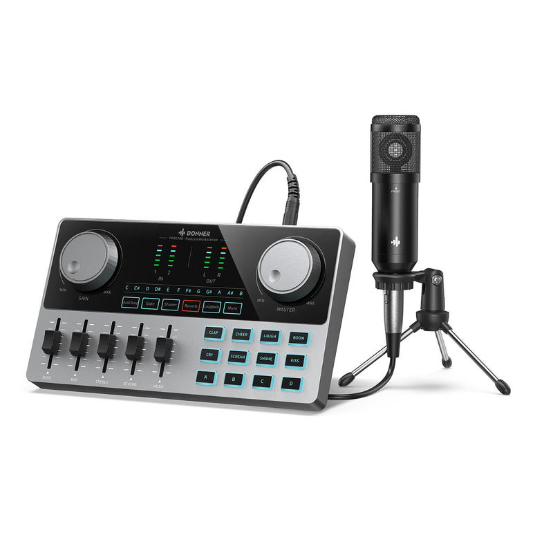 Products Donner Conjunto de equipos de podcast: interfaz de audio con mezclador de tarjeta de sonido y kit de micrófono XLR-6.35 mm