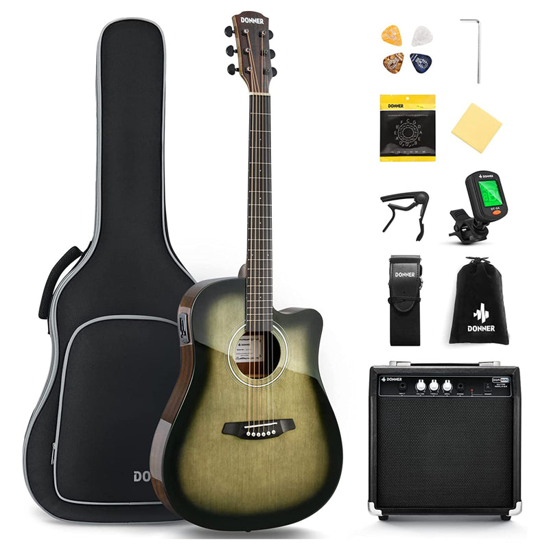 Products Donner Guitarra eléctrica acústica de tamaño completo para principiantes intermedios con amplificador Capo Strap Pick Tuner 41 pulgadas Acustica Electro Guitarra Kit